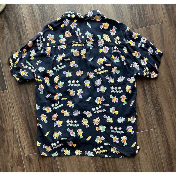 Men’s Java Wraps Dark Navy Fish 80s Print Dark Navy Button Up Shirt Rayon S - Picture 5 of 7